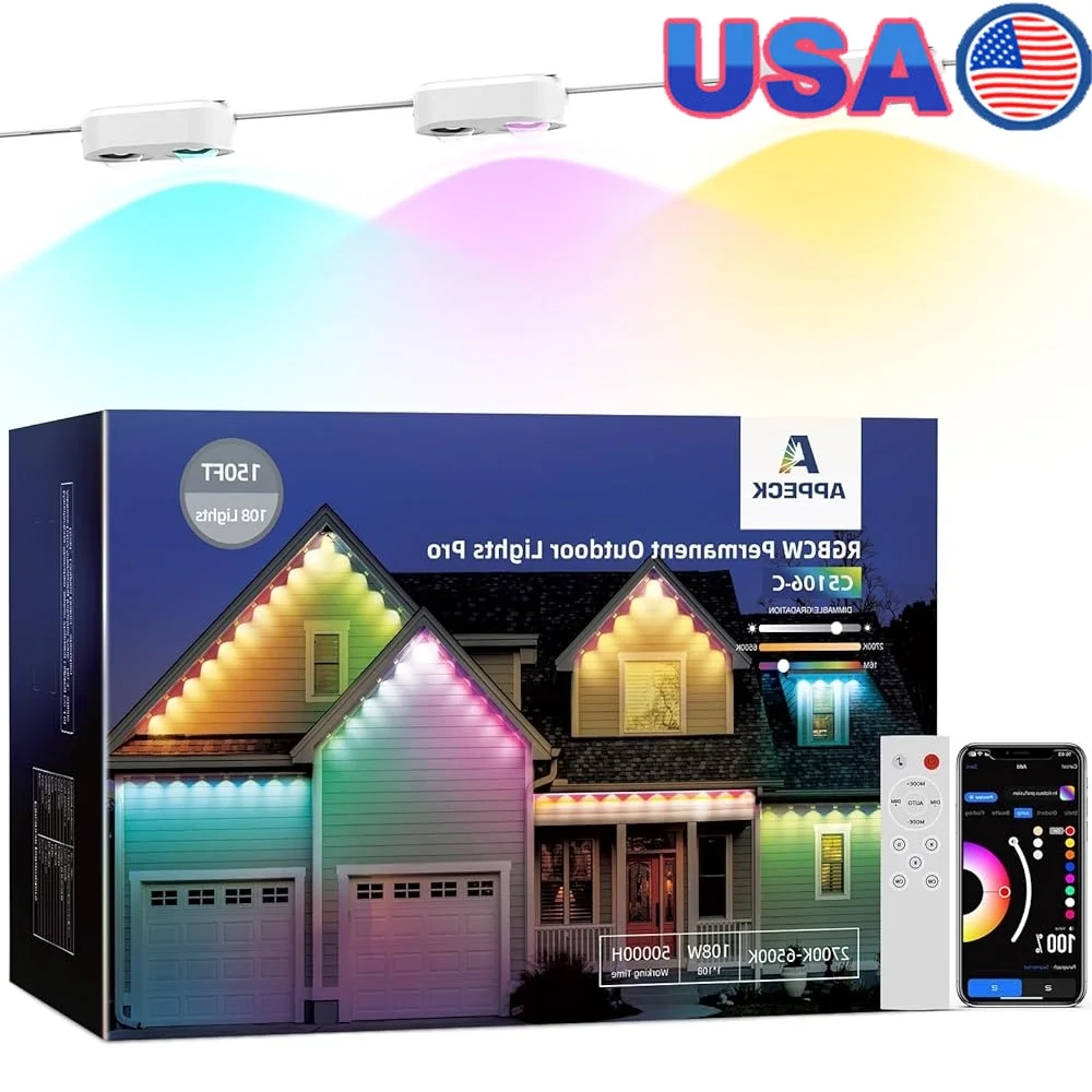150ft RGBCW Smart Permanent Outdoor Lights 108 LED Dual Lens Cuttable IP67 Waterproof Customizable 111 Scene Modes Energy 
150ft RGBCW Smart Permanent Outdoor Lights 108 LED Dual Lens Cuttable IP67 Waterproof Customizable 111 Scene Modes Energy