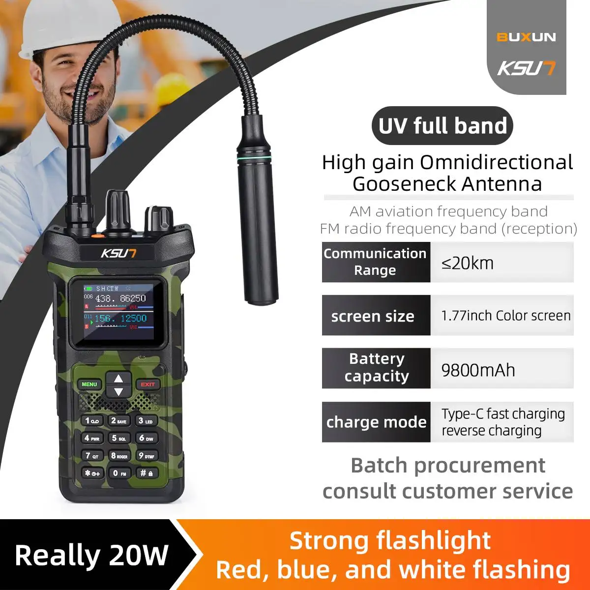 KSUN UV119D VHF UHF Dual Band Ham Radio Flashlight Reverse Charge Intercom 20W High Power Walkie Talkie For Outdoor Industry
KSUN UV119D VHF UHF Dual Band Ham Radio Flashlight Reverse Charge Intercom 20W High Power Walkie Talkie For Outdoor Industry