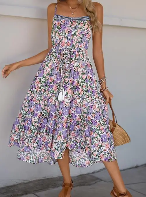 Summer Square Collar Flower Print Button Drawstring Layered Lace Up Dress Elegant and Sexy Women's Sleeveless Camisole Dress
Summer Square Collar Flower Print Button Drawstring Layered Lace Up Dress Elegant and Sexy Women's Sleeveless Camisole Dress