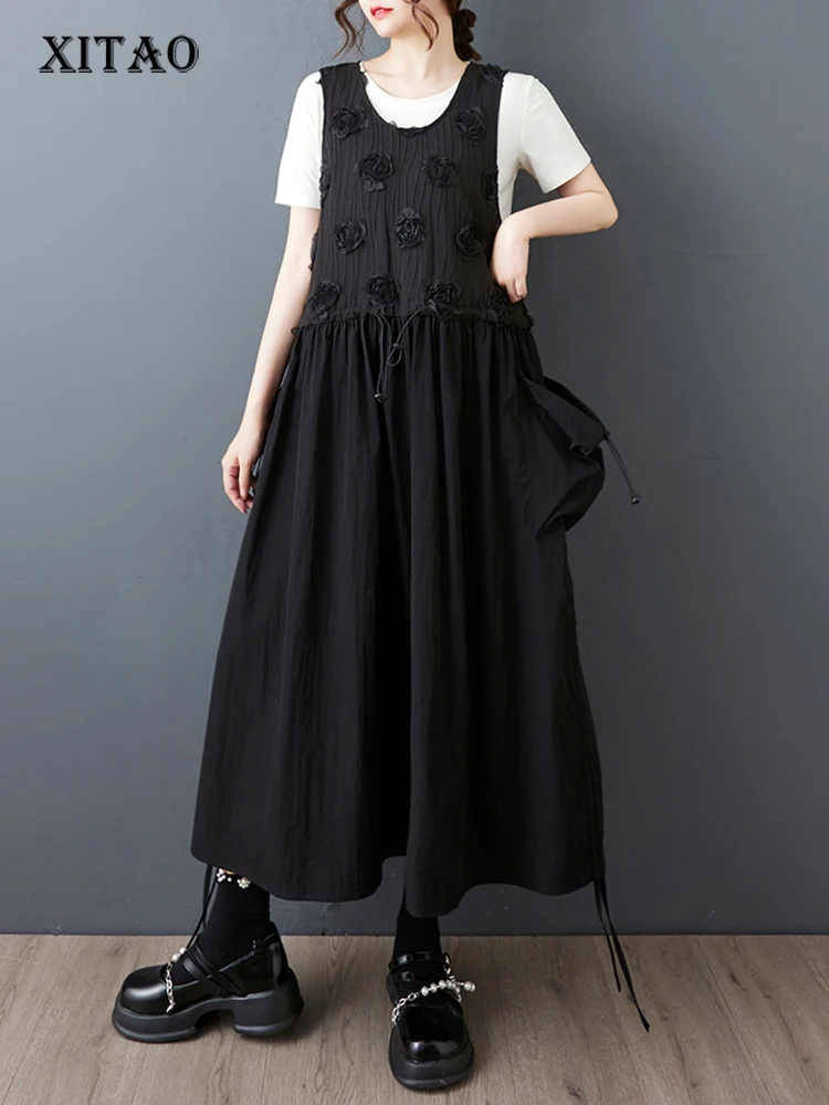 XITAO Pocket Draw String Sleeveless Fenake Dress Three-dimensional Flower Loose O-neck Solid Color Summer Woman Dress ZMY1275 
XITAO Pocket Draw String Sleeveless Fenake Dress Three-dimensional Flower Loose O-neck Solid Color Summer Woman Dress ZMY1275
