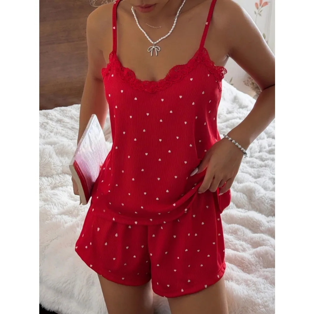 Women's Pajama Set, Knitted Rib Fabric, Heart Print Patchwork With Lace Trim, Romantic Sweet Cute Sexy Camisole And Shorts Pajamas Women's Shorts Sets Pajama Sets For Women Short Pajamas Set Women Two Pieces Women Summer Sets Pj Sets For Wo
Women's Pajama Set, Knitted Rib Fabric, Heart Print Patchwork With Lace Trim, Romantic Sweet Cute Sexy Camisole And Shorts Pajamas Women's Shorts Sets Pajama Sets For Women Short Pajamas Set Women Two Pieces Women Summer Sets Pj Sets For Wo