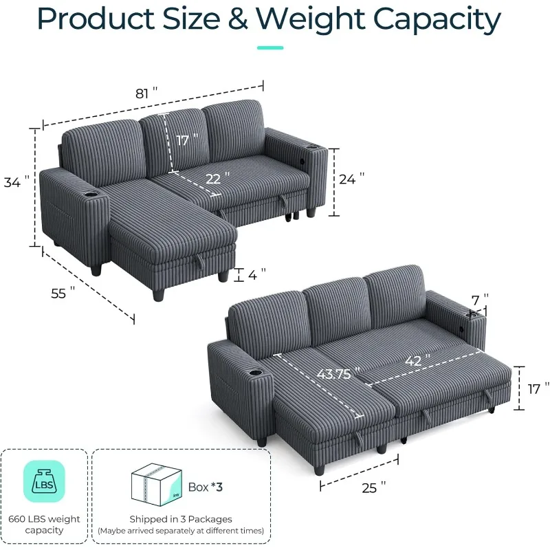 with Storage Chaise & USB Charg Sectional Sleeper Sofa with Pull Out Couch Bed Convertible Plush Corduroy Cloud Couch
with Storage Chaise & USB Charg Sectional Sleeper Sofa with Pull Out Couch Bed Convertible Plush Corduroy Cloud Couch