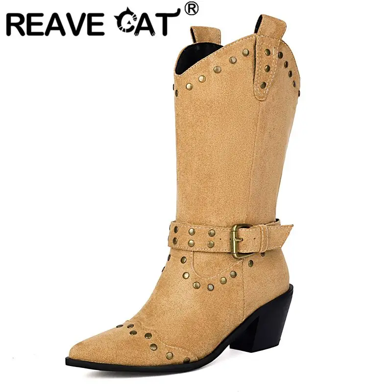 REAVE CAT Модные ковбойские сапоги в стиле вестерн для отдыха на каждый день до середины икры Bota без шнуровки с заклепками, большие размеры 44 45 46 с острым носком и блочным каблуком 6 см
REAVE CAT Модные ковбойские сапоги в стиле вестерн для отдыха на каждый день до середины икры Bota без шнуровки с заклепками, большие размеры 44 45 46 с острым носком и блочным каблуком 6 см