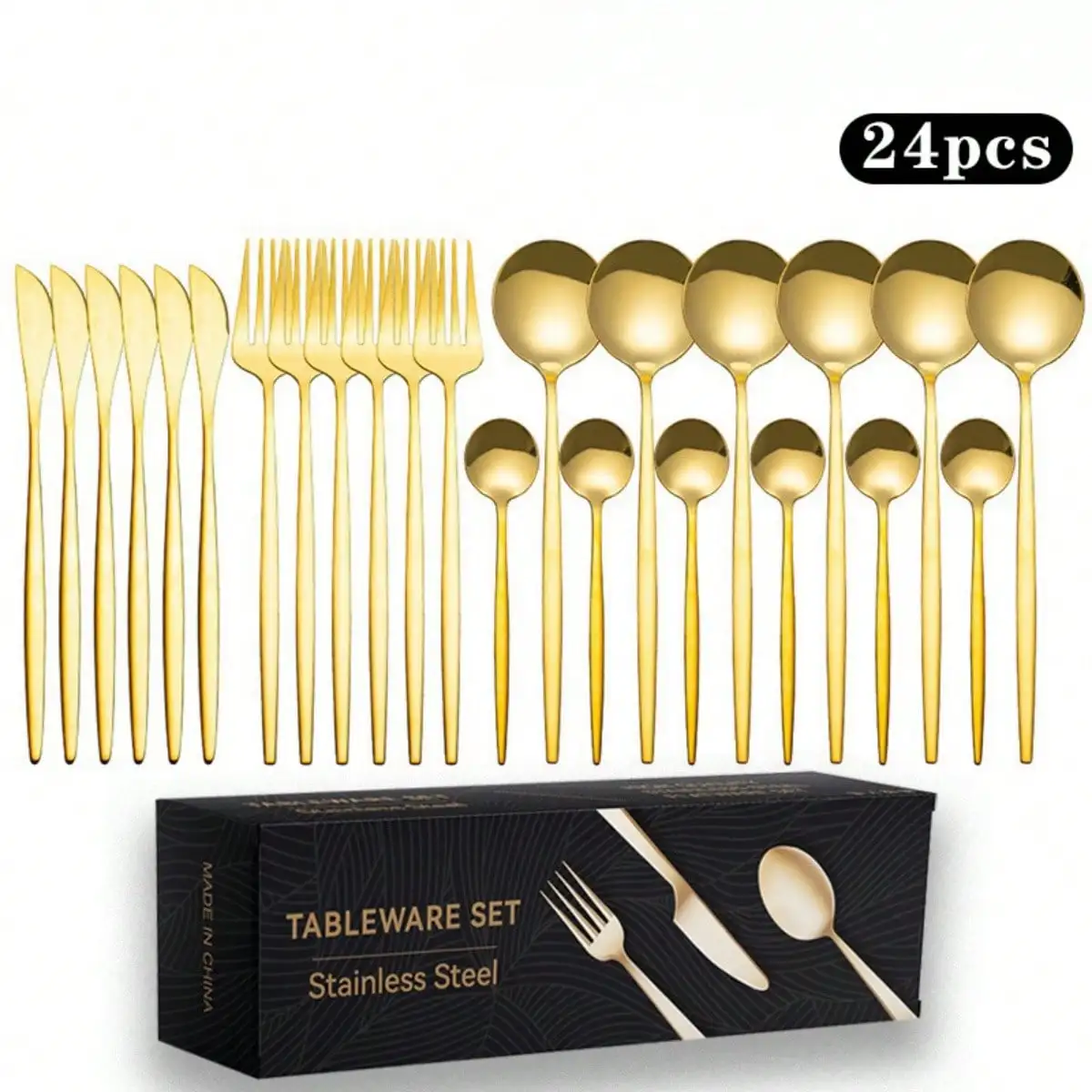 Gold/Black, Stainless Steel Knife, Fork And Spoon 24-Piece Cutlery Set, Including Fork Spoon Knife And Coffee Spoon, Reusable Cutlery Set, Kitchen Cutlery Set For Restaurants, Hotels, Going Out Parties, Holiday Casual Or Formal Occasions
Gold/Black, Stainless Steel Knife, Fork And Spoon 24-Piece Cutlery Set, Including Fork Spoon Knife And Coffee Spoon, Reusable Cutlery Set, Kitchen Cutlery Set For Restaurants, Hotels, Going Out Parties, Holiday Casual Or Formal Occasions