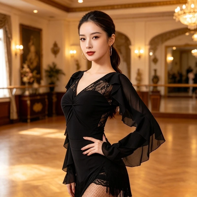 Women High Elastic Latin Ballroom Jumpsuit V Neck Ruffle Design Adult Waltz Tango Salsa Competition Practice Dance Costume zym
Women High Elastic Latin Ballroom Jumpsuit V Neck Ruffle Design Adult Waltz Tango Salsa Competition Practice Dance Costume zym