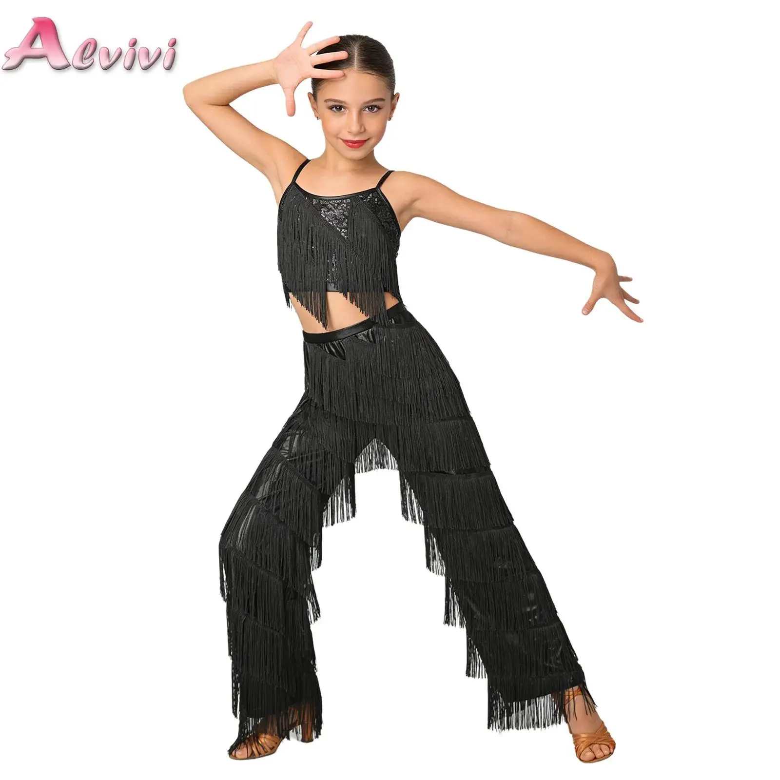 Kids Girls 2-piece Tassel Latin Dance Outfit Tassels Camisole with Metallic Pants for Modern Salsa Ballroom Dance Performance
Kids Girls 2-piece Tassel Latin Dance Outfit Tassels Camisole with Metallic Pants for Modern Salsa Ballroom Dance Performance
