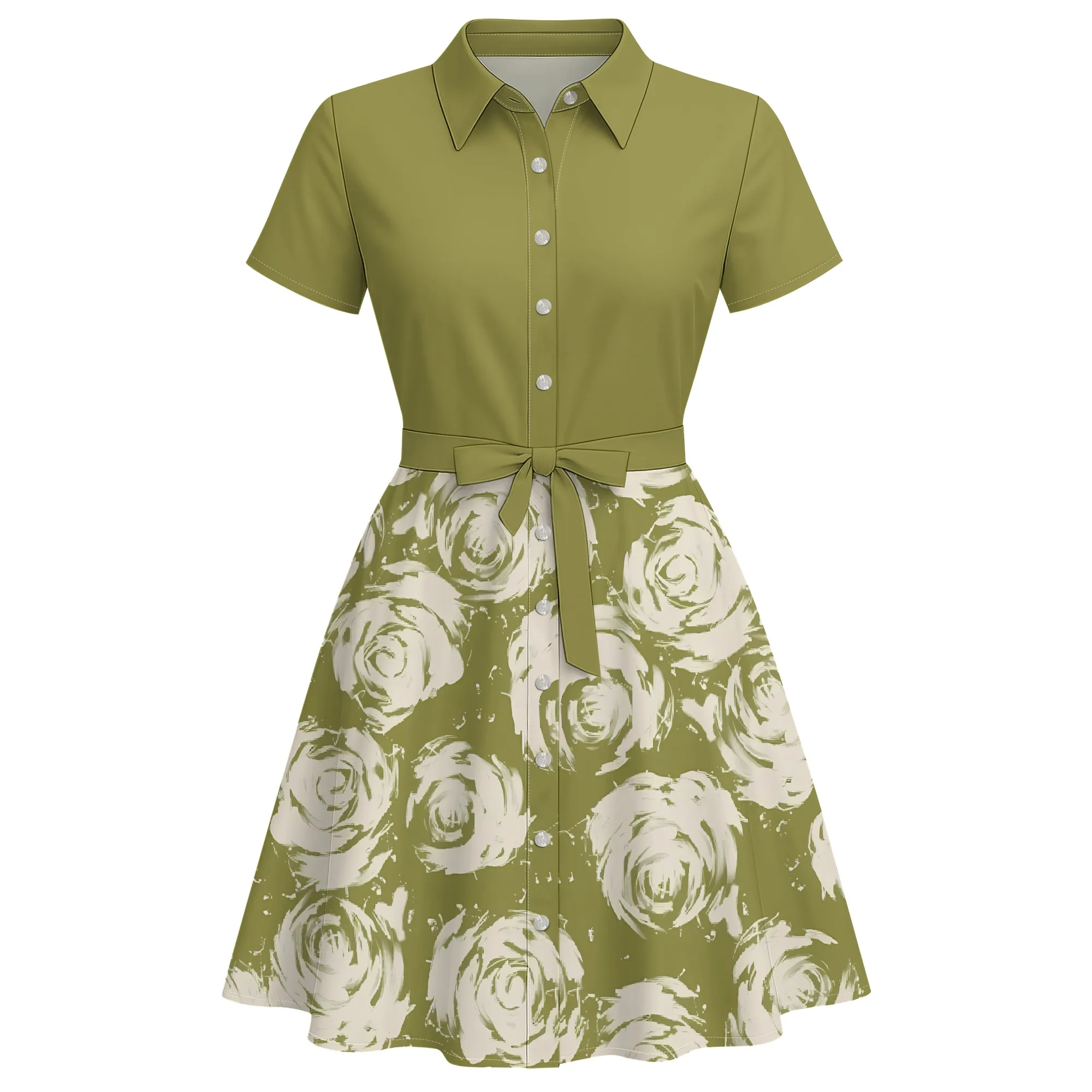 Nupusa Olive Green Rose Print Patchwork Dress for Women Regular Size Summer Casual Shirt Collar Short Sleeve Belted Midi Dress
Nupusa Olive Green Rose Print Patchwork Dress for Women Regular Size Summer Casual Shirt Collar Short Sleeve Belted Midi Dress