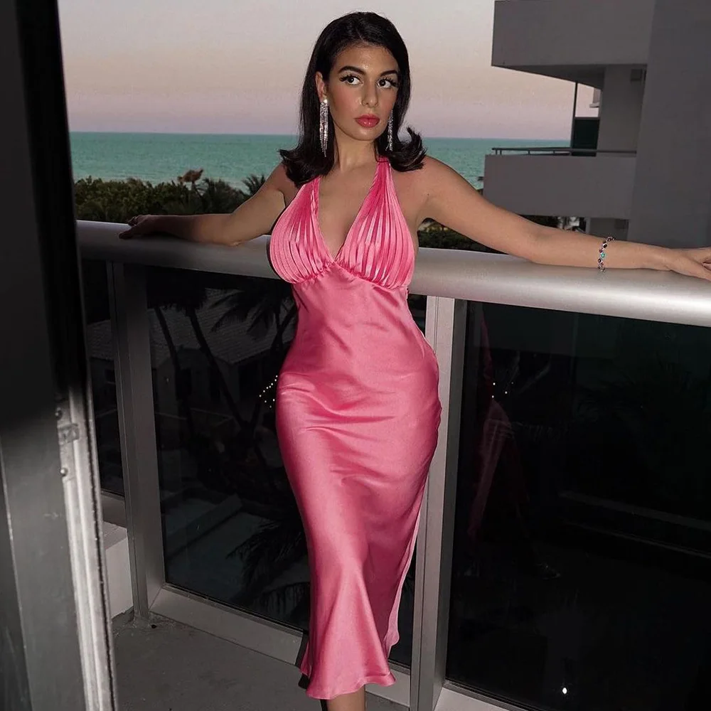 Woman Solid Satin V-neck Dress Vintage Backless Thin Straps Female Fashion Slim Evening Sexy Midi Dresses
Woman Solid Satin V-neck Dress Vintage Backless Thin Straps Female Fashion Slim Evening Sexy Midi Dresses