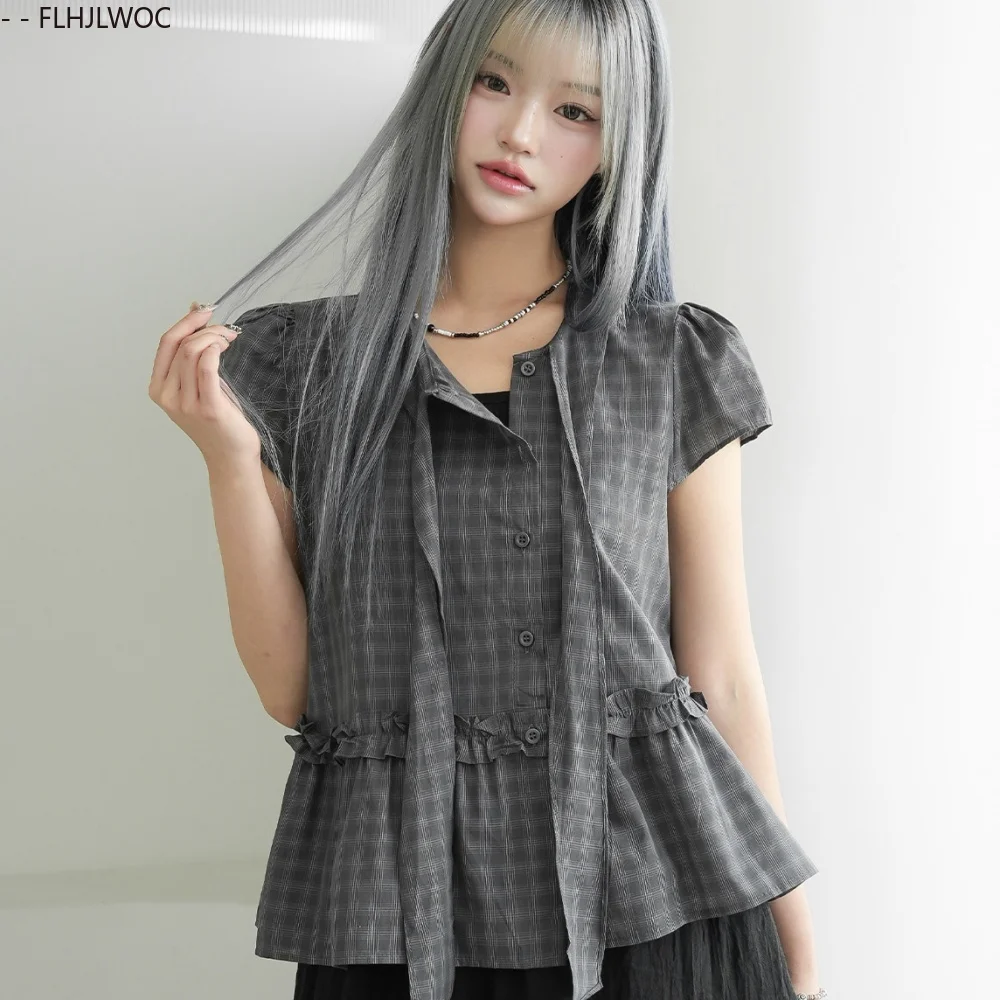 Short Cotton Blends Tops Blouses Cute Sweet Girls Summer Casual Retro Vintage Ruffles Edge Peplum Top Bow Tie Plaid Shirts 
Short Cotton Blends Tops Blouses Cute Sweet Girls Summer Casual Retro Vintage Ruffles Edge Peplum Top Bow Tie Plaid Shirts