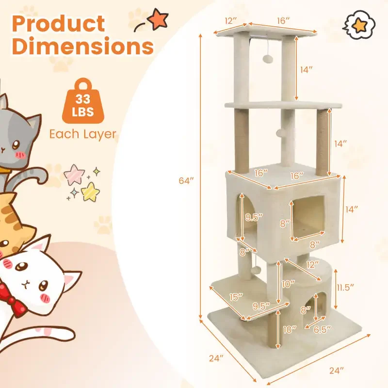 64 Inch Tall Cat Tree with 2 Large Condos and Jute Scratching Posts for Indoor Adult Cats-Beige
64 Inch Tall Cat Tree with 2 Large Condos and Jute Scratching Posts for Indoor Adult Cats-Beige