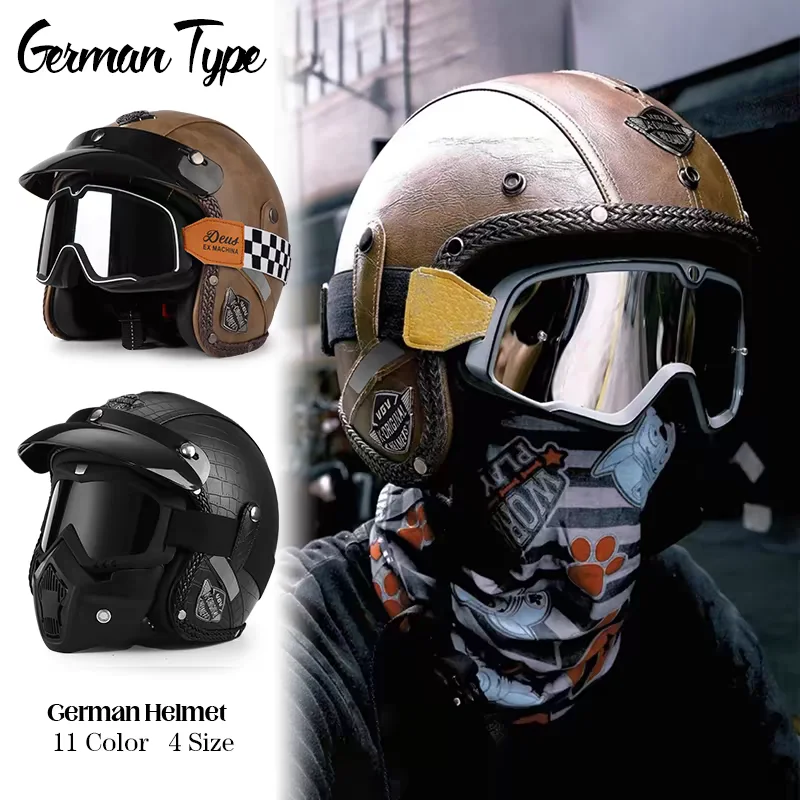 Мотоциклетный кожаный шлем-полумаска 3/4 в ретро-стиле
Мотоциклетный кожаный шлем-полумаска 3/4 в ретро-стиле