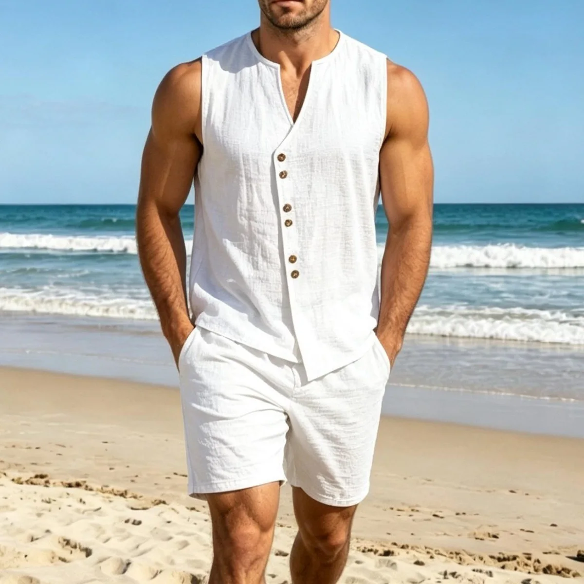 Summer Cotton Linen Men's Set Solid color Simple Casual Sleeveless Vest Shirt & Shorts 2-Piece Set Hawaii Men Casual Sports Suit
Summer Cotton Linen Men's Set Solid color Simple Casual Sleeveless Vest Shirt & Shorts 2-Piece Set Hawaii Men Casual Sports Suit