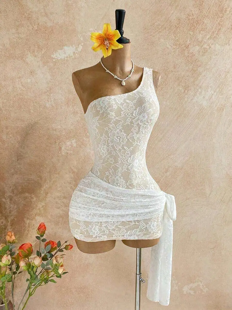 White Lace One Shoulder Bodycon Mini Dress With Tie Waist
White Lace One Shoulder Bodycon Mini Dress With Tie Waist