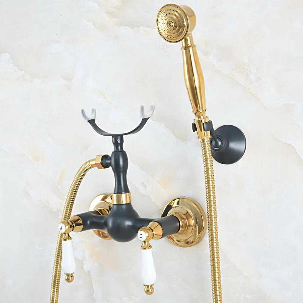 Gold & Black Oil Rubbed Brass Wall Mount Bathtub Faucet with Handheld Shower Set +1.5M Hose Mixer Tap 2na563
Gold & Black Oil Rubbed Brass Wall Mount Bathtub Faucet with Handheld Shower Set +1.5M Hose Mixer Tap 2na563