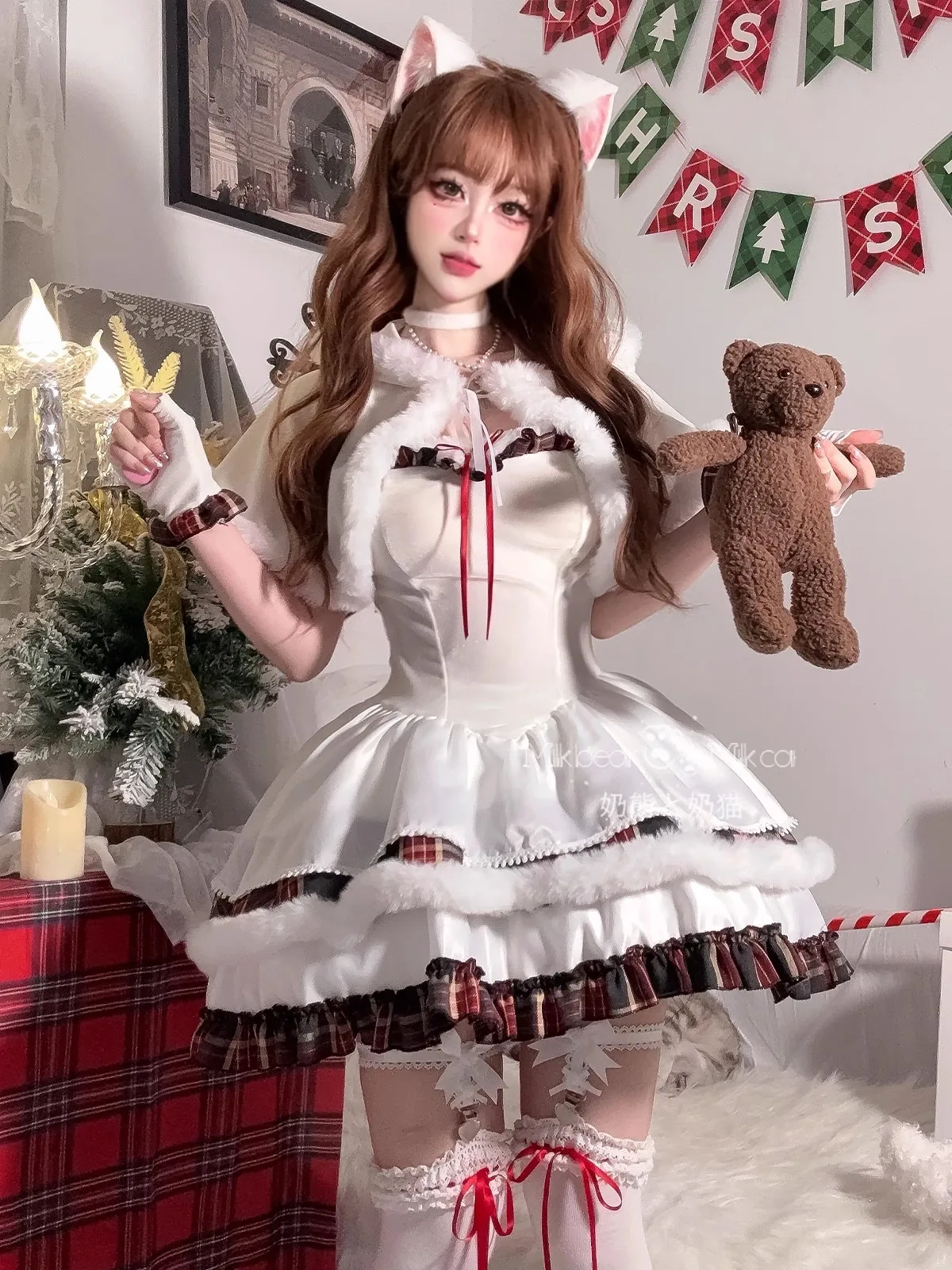 Winter Cute Christmas White Plush Ruffle Shawl Dress Women Sweet Santa Claus Cosplay Costume Mrs Claus Party Mini Dress Cloak 
Winter Cute Christmas White Plush Ruffle Shawl Dress Women Sweet Santa Claus Cosplay Costume Mrs Claus Party Mini Dress Cloak