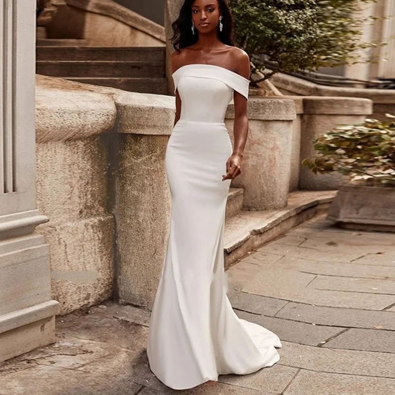 Wholesale Simple Satin Mermaid Wedding Dresses Boat Neck Off Shoulder Backless Bridal Dress Sweep Train Vestidos De Novia 
Wholesale Simple Satin Mermaid Wedding Dresses Boat Neck Off Shoulder Backless Bridal Dress Sweep Train Vestidos De Novia