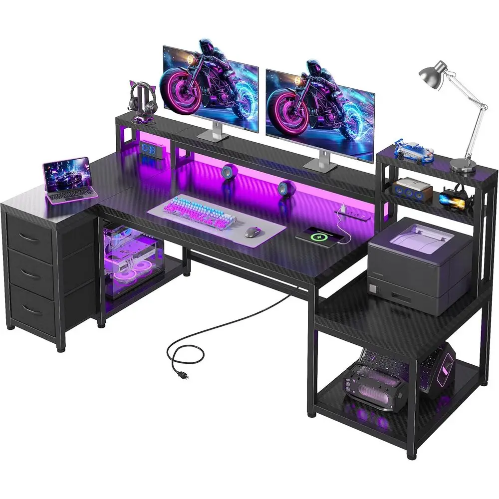 71 L-Shaped Gaming Desk with 3 Drawers, Monitor Stand, Power Outlet, LED Light, Printer Shelf - Home Office Desk in Black Carbon
71 L-Shaped Gaming Desk with 3 Drawers, Monitor Stand, Power Outlet, LED Light, Printer Shelf - Home Office Desk in Black Carbon