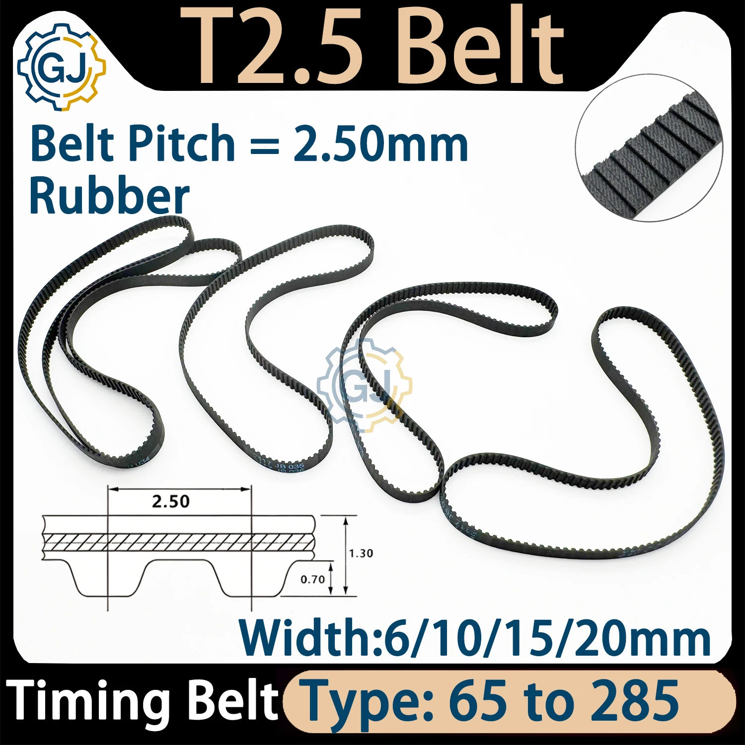T2.5 Trapezoidal Tooth Timing Belt Pitch Length 65 To 285mm Width 6/10/15/20mm Synchronous Belt Teethed Rubber Closed Loop Belt
T2.5 Trapezoidal Tooth Timing Belt Pitch Length 65 To 285mm Width 6/10/15/20mm Synchronous Belt Teethed Rubber Closed Loop Belt