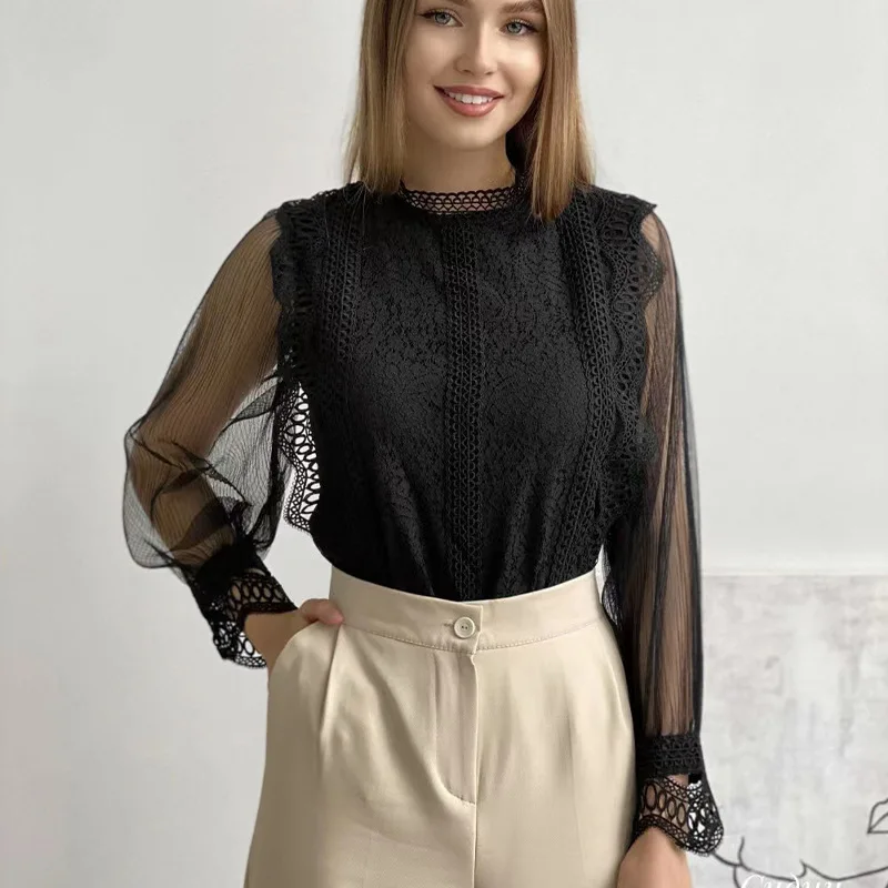 Women's Office Shirt Long Sleeve Elegant Mesh Long Sleeve White O-neck Black Top Lace Shirt Blouses for Female
Women's Office Shirt Long Sleeve Elegant Mesh Long Sleeve White O-neck Black Top Lace Shirt Blouses for Female