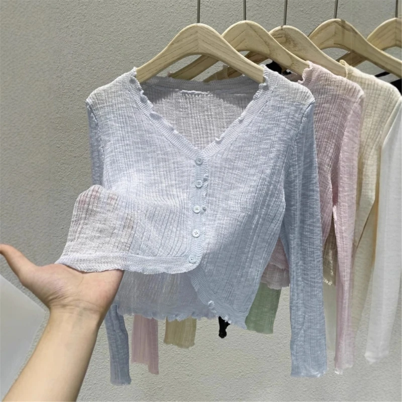 Thin Womens Knitted Cardigan Sun Protective Cooling Long Sleeve V Neck Crop Top H7EF 
Thin Womens Knitted Cardigan Sun Protective Cooling Long Sleeve V Neck Crop Top H7EF