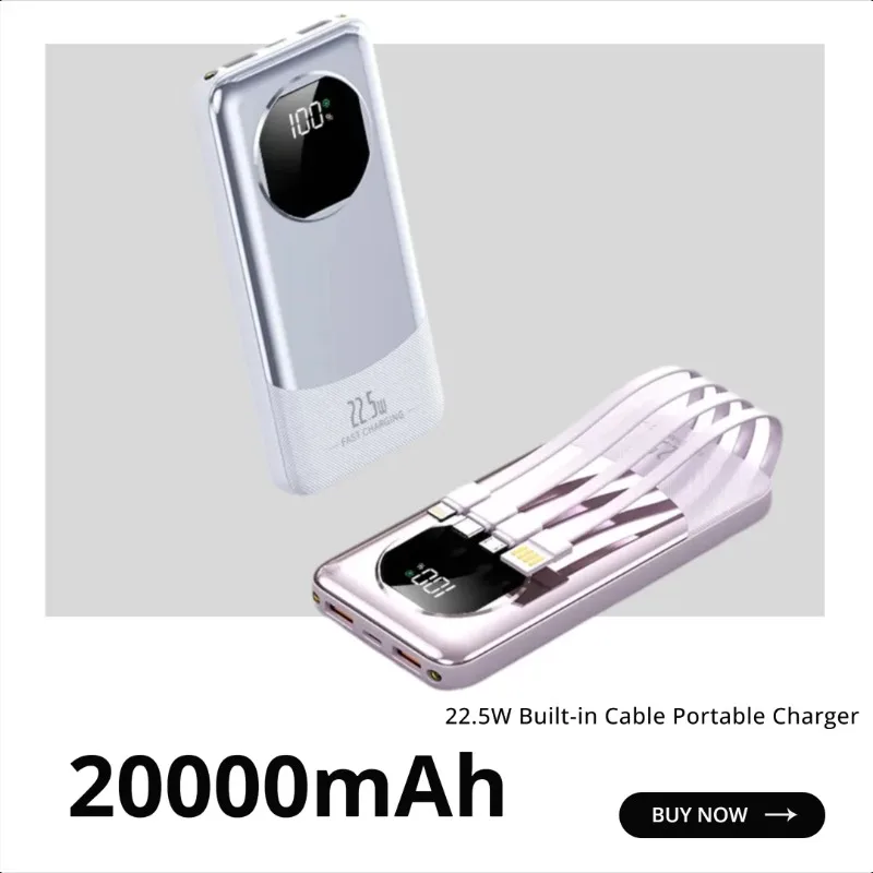 Super Fast Charging Power Bank 20000mAh 22.5W Built-in Cable Portable Charger
Super Fast Charging Power Bank 20000mAh 22.5W Built-in Cable Portable Charger