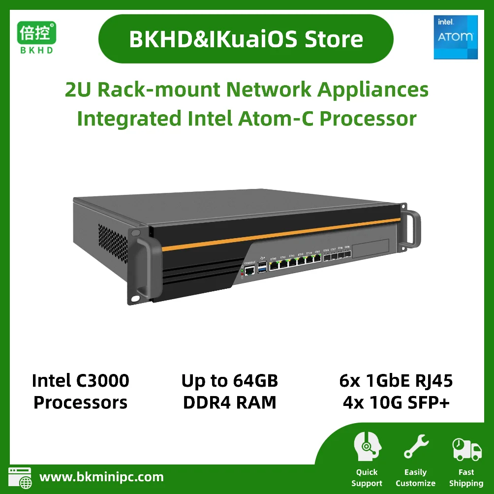 Сетевой прибор 2U для установки в стойку с Intel C3000 6x RJ45 1Gb Ethernet 4x SFP+ 10Gb для маршрутизатора Firewall Server Virtual Machine
Сетевой прибор 2U для установки в стойку с Intel C3000 6x RJ45 1Gb Ethernet 4x SFP+ 10Gb для маршрутизатора Firewall Server Virtual Machine