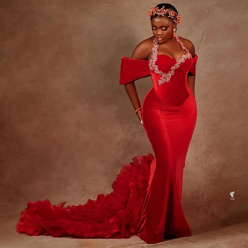 Gorgeous Red Prom Dress Applique Bead Mermaid Velvet Evening Dresses For Special Occasions Long Sweetheart Prom Gown Cap Sleeves
Gorgeous Red Prom Dress Applique Bead Mermaid Velvet Evening Dresses For Special Occasions Long Sweetheart Prom Gown Cap Sleeves