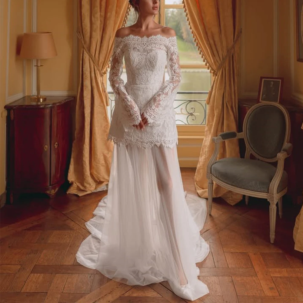 Charming Lace Wedding Dress Off the Shoulder Long Sleeve A-Line Floor Length with Detachable Tulle Train Bride Customized Gown
Charming Lace Wedding Dress Off the Shoulder Long Sleeve A-Line Floor Length with Detachable Tulle Train Bride Customized Gown