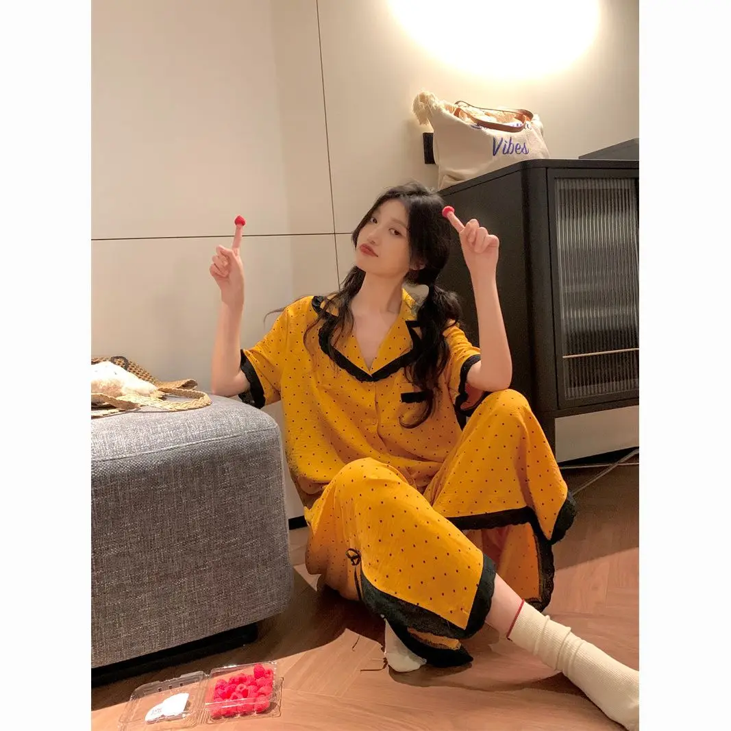 Summer Women's Pajamas Sets Short Sleeve Notched Collar Top Tee Button Down Elastic Waist Long Home Suit Loungewear Sleepwear
Summer Women's Pajamas Sets Short Sleeve Notched Collar Top Tee Button Down Elastic Waist Long Home Suit Loungewear Sleepwear