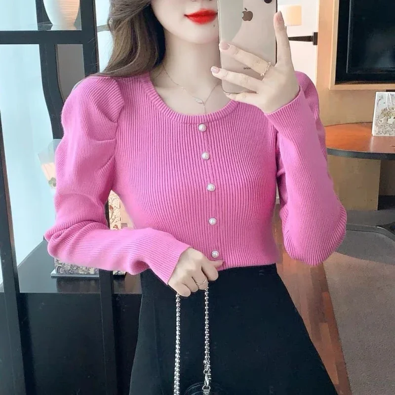 Fashion Autumn Winner Sweaters Women Solid O-Neck Button Puff Sleeve Chic Pullovers Bottoming Shirt Knitted Tops E8647 
Fashion Autumn Winner Sweaters Women Solid O-Neck Button Puff Sleeve Chic Pullovers Bottoming Shirt Knitted Tops E8647