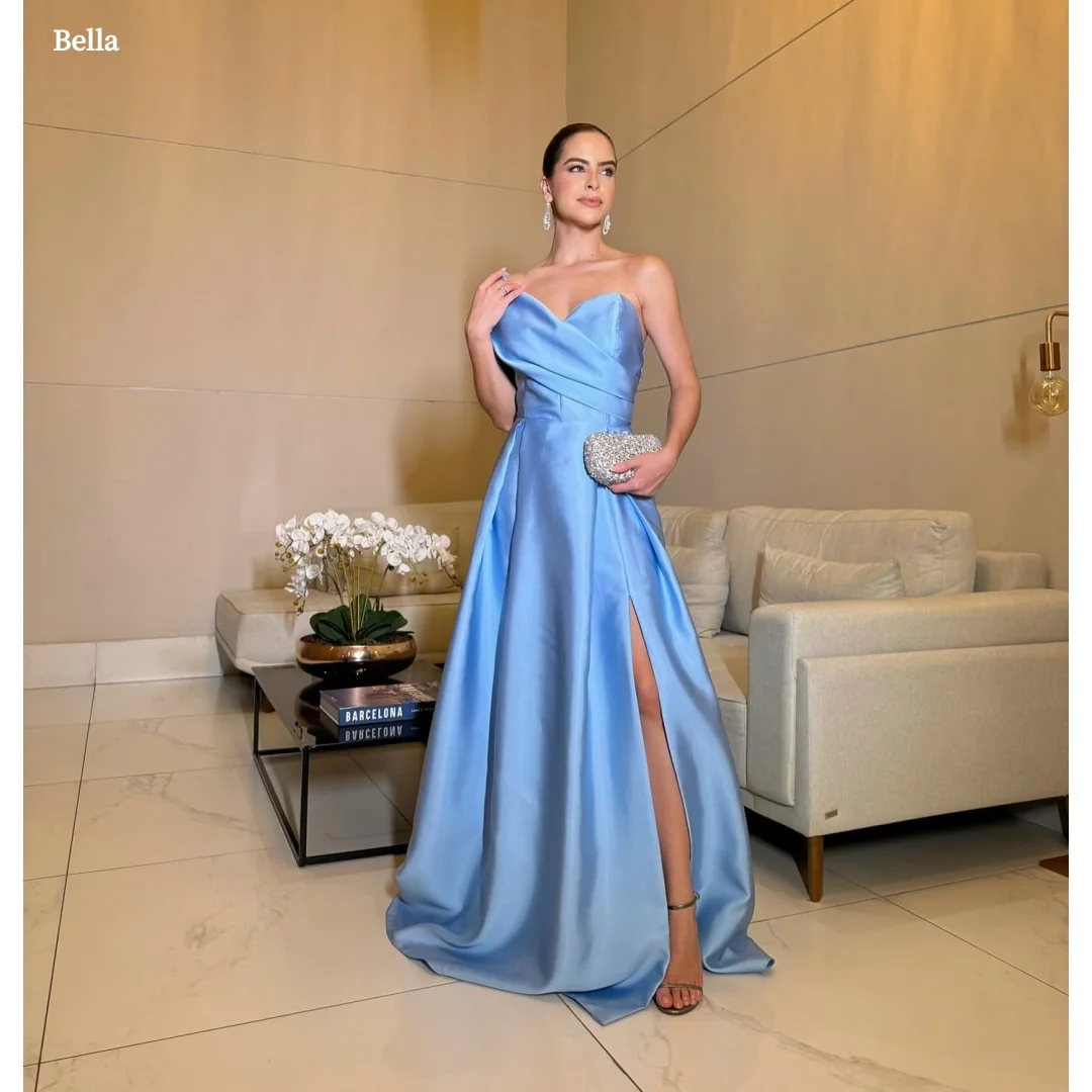 Bella Customized Sky Blue Strapless Prom Dress with Draped Satin Bodice, High Slit and Floor Length Ball Gown Skirt Party Dress
Bella Customized Sky Blue Strapless Prom Dress with Draped Satin Bodice, High Slit and Floor Length Ball Gown Skirt Party Dress