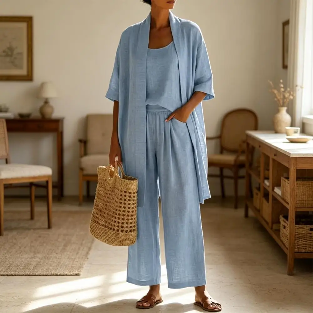 Women Suit Women Outfit Women's Summer 3-piece Outfit Set Cardigan Top Wide Leg Pants Lounge Wear Travel Matching Ensemble
Women Suit Women Outfit Women's Summer 3-piece Outfit Set Cardigan Top Wide Leg Pants Lounge Wear Travel Matching Ensemble