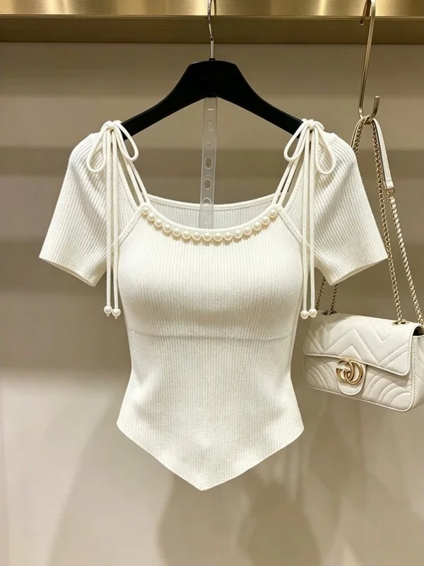Outlet Store High-End Knitted Pearl Collar Short Sleeve T-Shirt Women's Design Sensation Little Luxury Korean Style Top
Outlet Store High-End Knitted Pearl Collar Short Sleeve T-Shirt Women's Design Sensation Little Luxury Korean Style Top