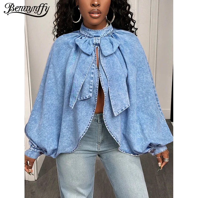 Benuynffy Mock Neck Long Sleeve Bow Denim Shirts Women Spring Fall Sexy Backless Loose Feamel Jean Top Club Party Streetwear
Benuynffy Mock Neck Long Sleeve Bow Denim Shirts Women Spring Fall Sexy Backless Loose Feamel Jean Top Club Party Streetwear