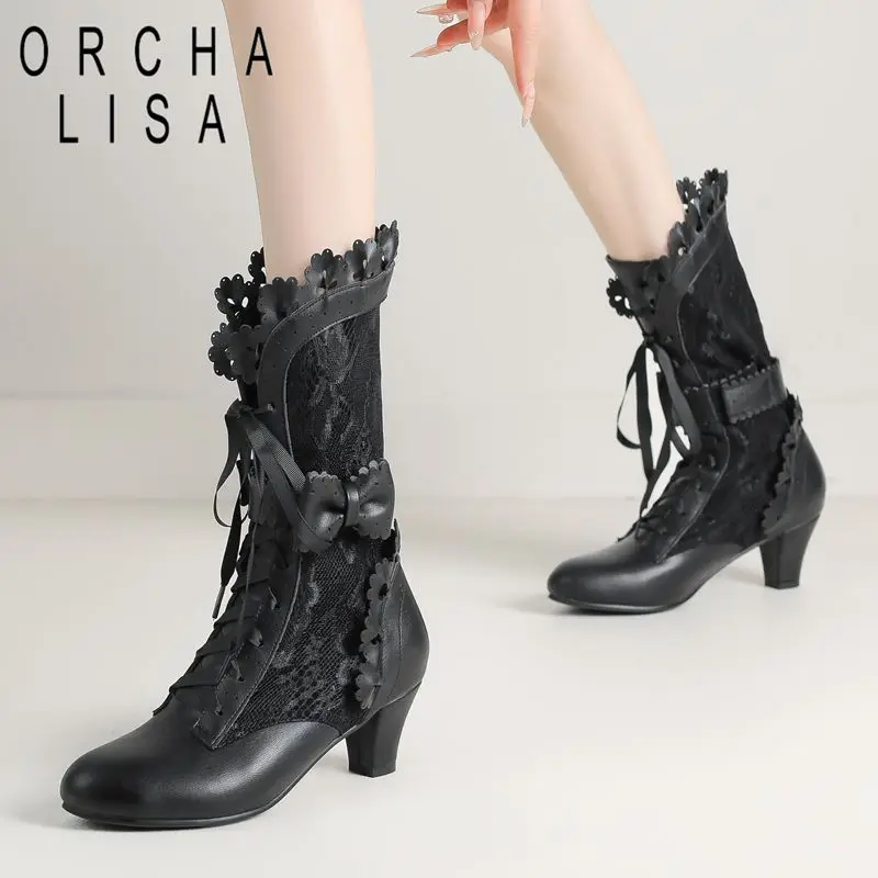 ORCHA LISA 2025 Стильные женские ботинки до середины икры с круглым носком на низком каблуке 6 см и бантом на шнуровке, большие размеры 41 42 43 
ORCHA LISA 2025 Стильные женские ботинки до середины икры с круглым носком на низком каблуке 6 см и бантом на шнуровке, большие размеры 41 42 43