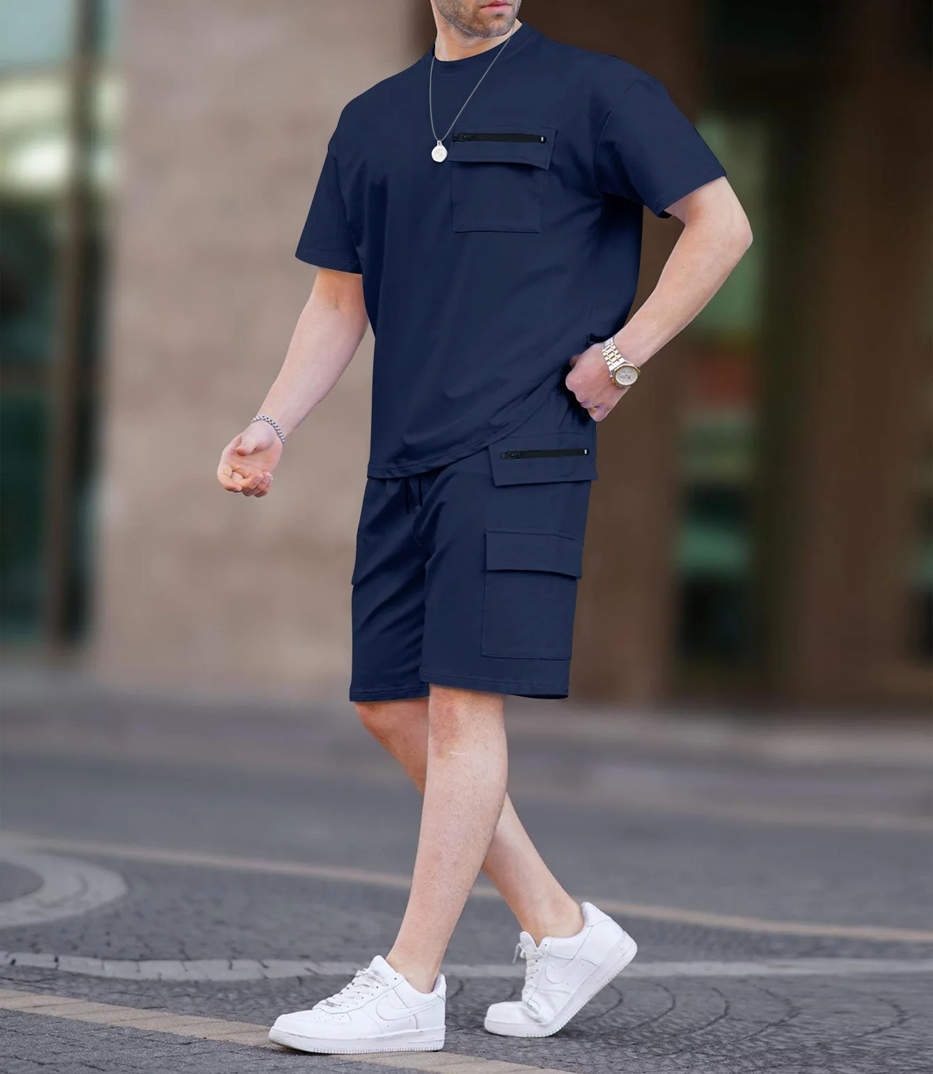 Summer New Men's Casual Solid Color Short Sleeved Round Neck T-shirt and Shorts Set, Multi Pocket Fashionable Commuting 2-Pc Set
Summer New Men's Casual Solid Color Short Sleeved Round Neck T-shirt and Shorts Set, Multi Pocket Fashionable Commuting 2-Pc Set