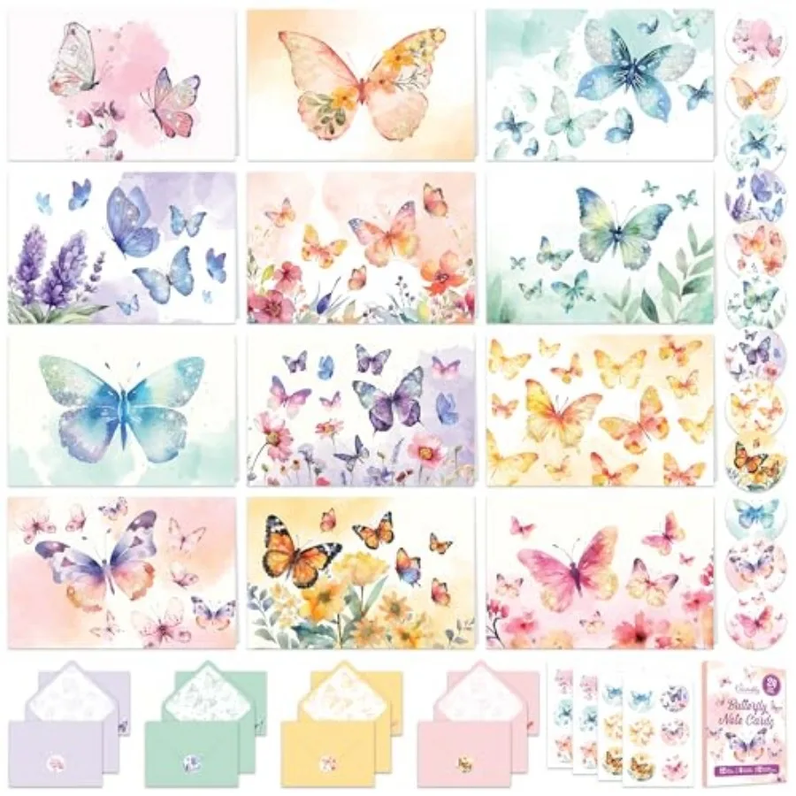 24 Pack 6x4in Glittery Butterfly Cards with Envelopes and Stickers, 12 Enchanting Blank Designs for Friends, Family and Loved O
24 Pack 6x4in Glittery Butterfly Cards with Envelopes and Stickers, 12 Enchanting Blank Designs for Friends, Family and Loved O