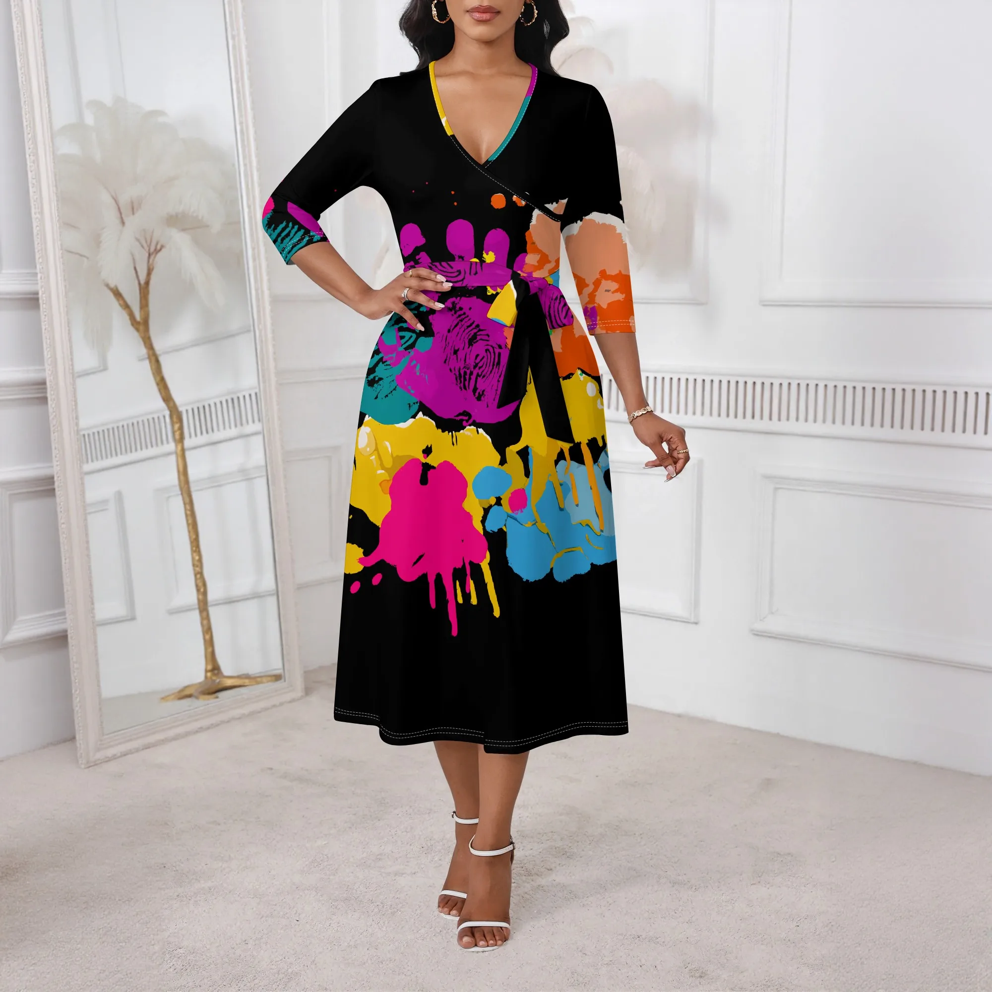 Colorful Women's Wrap Dress 2025 New Arrival Paint Splatter Print V-Neck 3/4 Sleeve Casual Art Party Dress XS-3XL
Colorful Women's Wrap Dress 2025 New Arrival Paint Splatter Print V-Neck 3/4 Sleeve Casual Art Party Dress XS-3XL