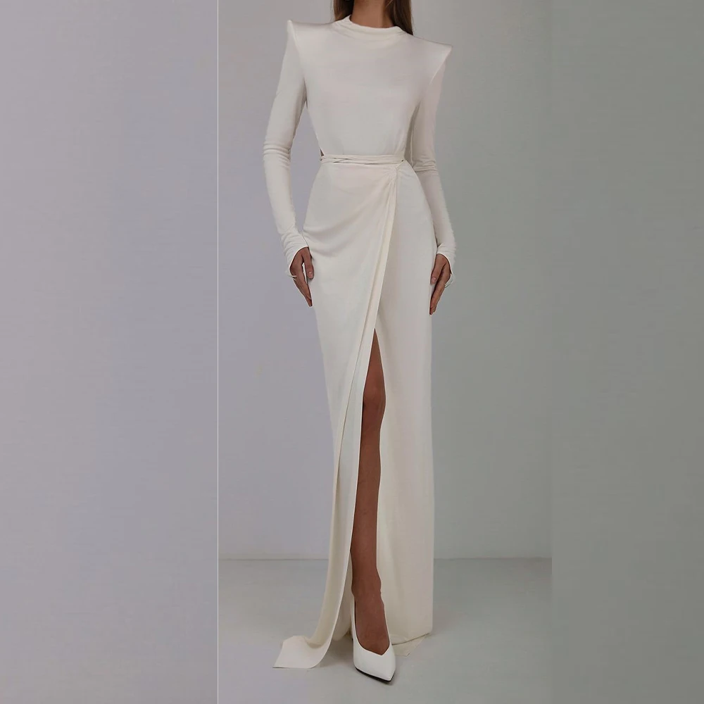 High Collar Floor Length Jersey Straight Pleats Long Sleeves Solid Color Sweep Train Fashion Dresses For Formal Occasions Modern
High Collar Floor Length Jersey Straight Pleats Long Sleeves Solid Color Sweep Train Fashion Dresses For Formal Occasions Modern