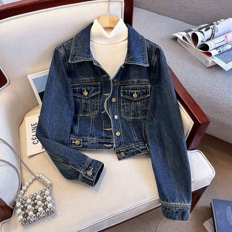 Cropped Blue Denim Jacket For Women Spring Autumn Fashion Turn Down Collar Slim Fit Short Coat Jean Outerwear
Cropped Blue Denim Jacket For Women Spring Autumn Fashion Turn Down Collar Slim Fit Short Coat Jean Outerwear