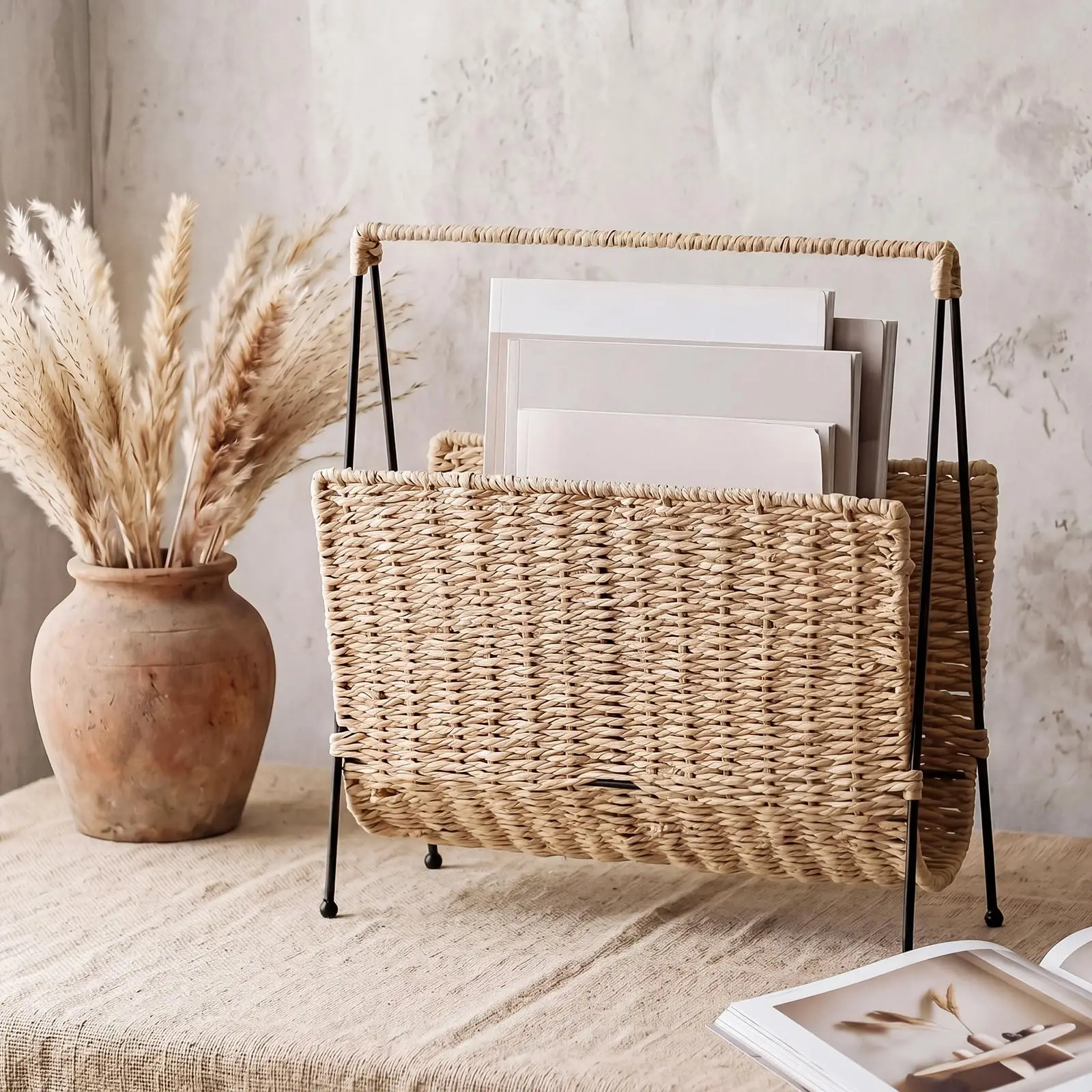 Woven Seagrass Magazine Rack With Black Metal Frame For Home Office Storage And Decor
Woven Seagrass Magazine Rack With Black Metal Frame For Home Office Storage And Decor