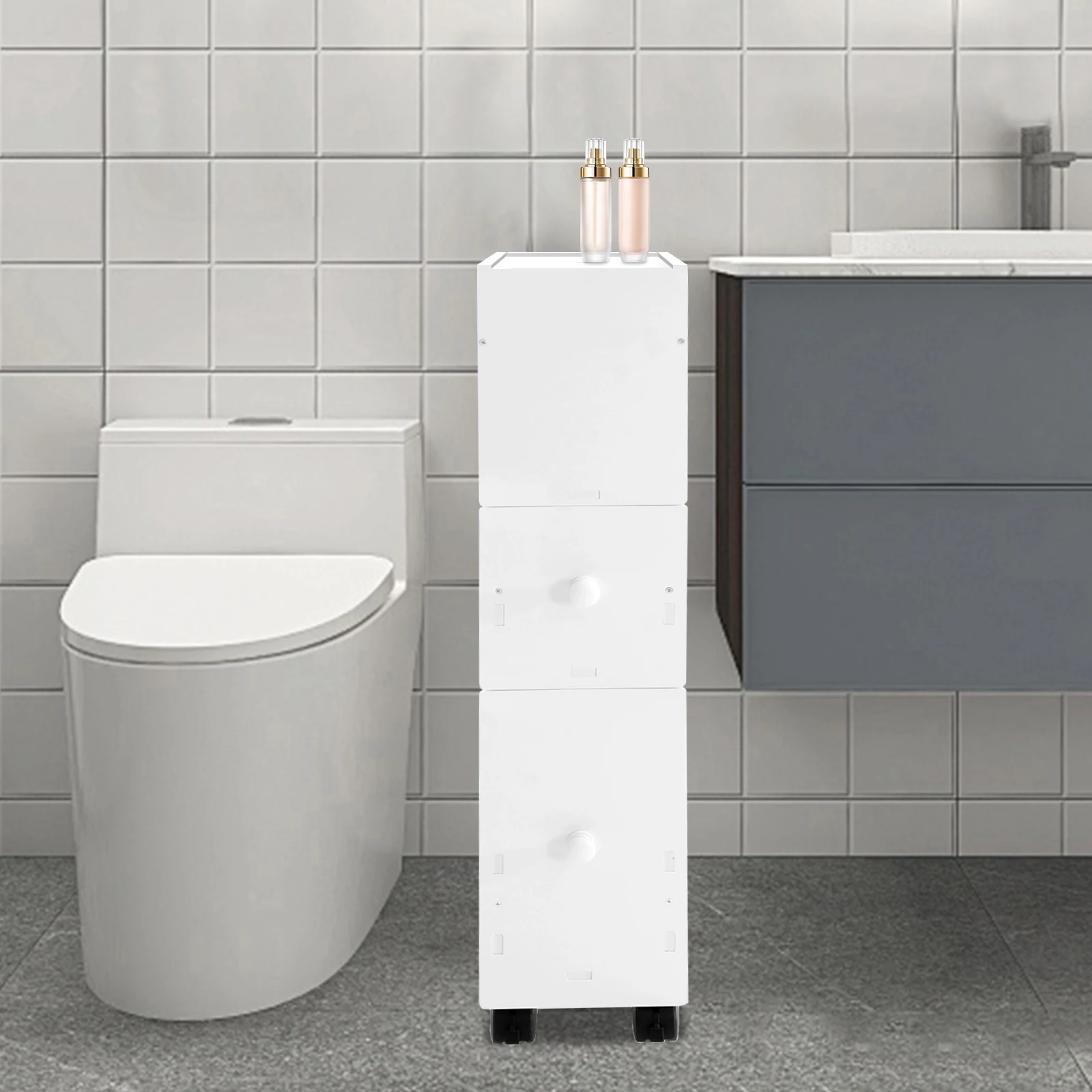 Small Bathroom Storage Cabinet with Drawers and Toilet Paper Holder, Tall Rolling Bathroom Organizer with Lockable Wheel
Small Bathroom Storage Cabinet with Drawers and Toilet Paper Holder, Tall Rolling Bathroom Organizer with Lockable Wheel