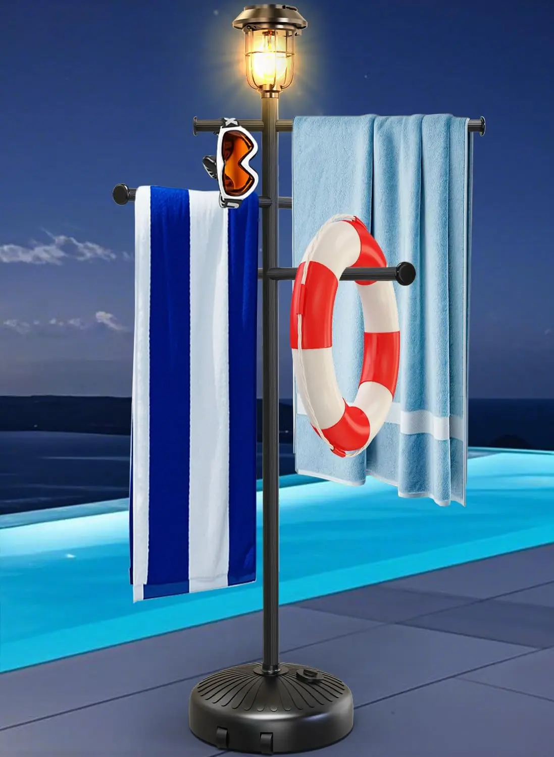 Adjustable Outdoor Towel Rack with Wheels and Solar Light, 63" Tall for Patio, Bathroom, Hot Tub
Adjustable Outdoor Towel Rack with Wheels and Solar Light, 63" Tall for Patio, Bathroom, Hot Tub