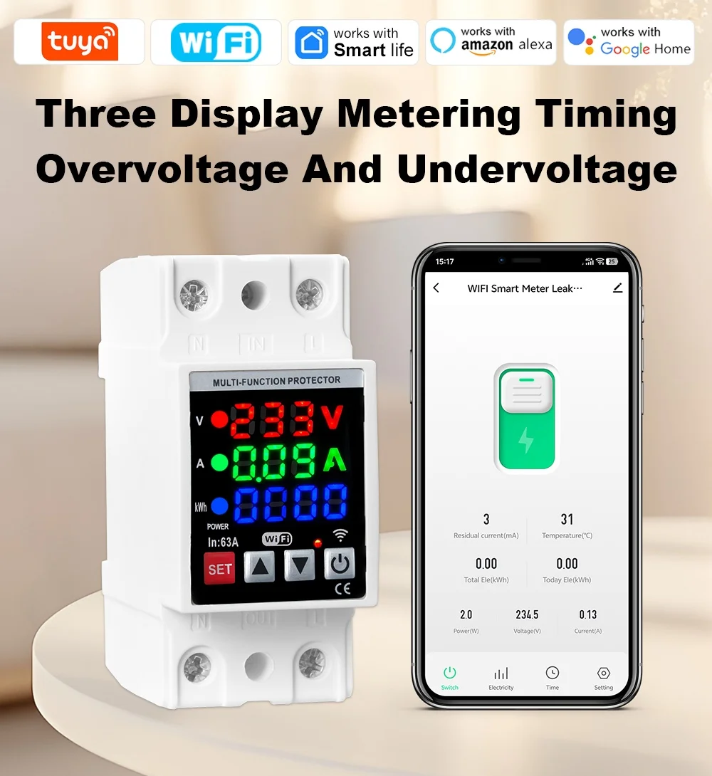 63A Tuya WIFI Smart Circuit Breaker Power Metering 3in1 Display DIN Rail Over Voltage And Under Voltage Protector Device Switch
63A Tuya WIFI Smart Circuit Breaker Power Metering 3in1 Display DIN Rail Over Voltage And Under Voltage Protector Device Switch
