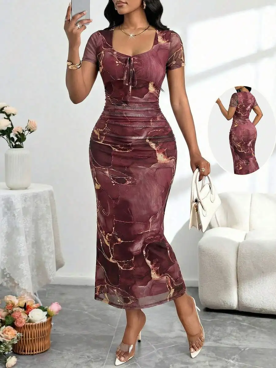 Marble Print Ruched Fitted Midi Dress Short Sleeve Elegant Party Dress
Marble Print Ruched Fitted Midi Dress Short Sleeve Elegant Party Dress