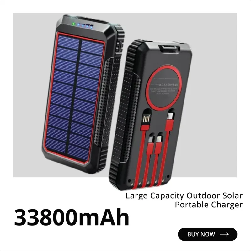 Solar Power Bank with Built-in Cable 33800mAh Large Capacity Outdoor Solar Portable Charger
Solar Power Bank with Built-in Cable 33800mAh Large Capacity Outdoor Solar Portable Charger