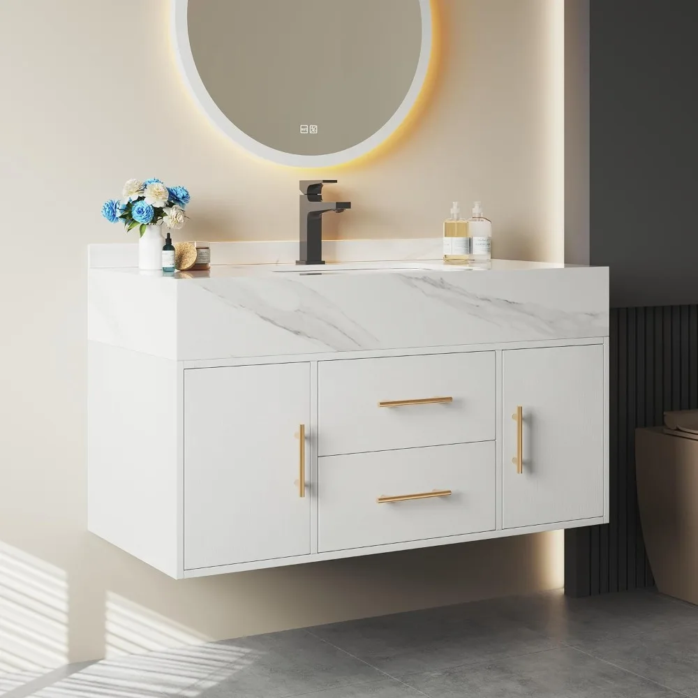 39" White Floating Bathroom Vanity with Sink, Wall Mounted Bathroom Cabinet with Sintered Stone Top, Modern Single Sink Vanity
39" White Floating Bathroom Vanity with Sink, Wall Mounted Bathroom Cabinet with Sintered Stone Top, Modern Single Sink Vanity