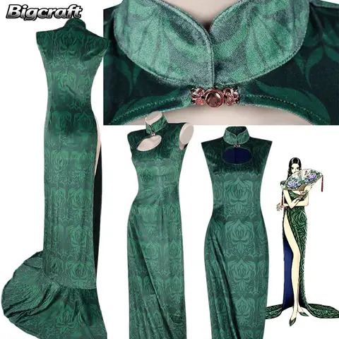 Fantasia Boa Hancock Cosplay Dress Costume Anime Pirate Green Cheongsam Roleplay Clothing Halloween Carnival Party Disguise Suit