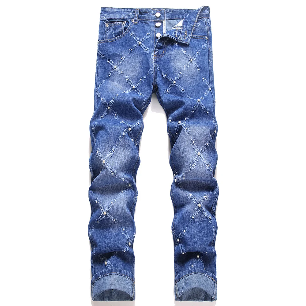 Men Pearl Denim Jeans Streetwear Buttons Fly Punk Rivet Ripped Pants Non Stretch Blue Cotton Loose Straight Trousers
Men Pearl Denim Jeans Streetwear Buttons Fly Punk Rivet Ripped Pants Non Stretch Blue Cotton Loose Straight Trousers