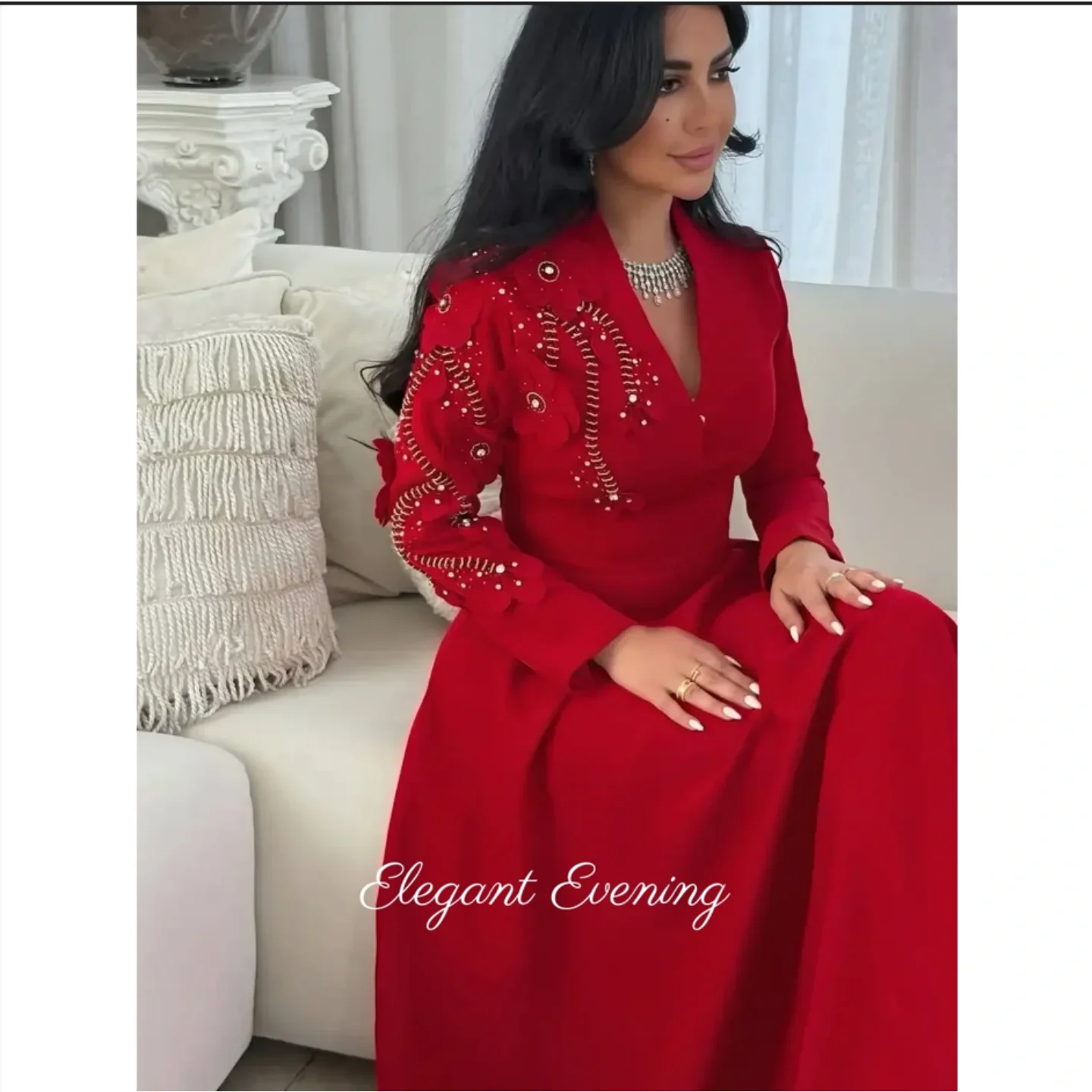Long Sleeves Prom Dresses V Neck Wedding Party Dresses Celebrity Red Evening Dresses Floor Length Pleated Beadings Customized 
Long Sleeves Prom Dresses V Neck Wedding Party Dresses Celebrity Red Evening Dresses Floor Length Pleated Beadings Customized